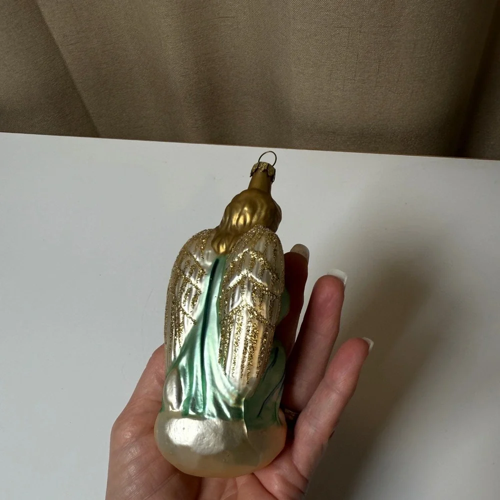 Praying Angel Glass Christmas Ornament Gold Green‎ Glitter Wings Vintage Style